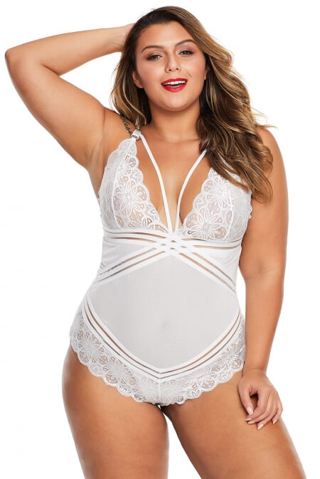 White Plus Size Deep V Crossbody Bodysuit