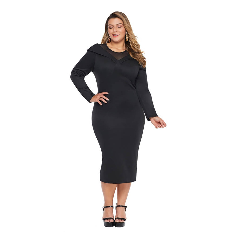 Black Mesh Neck Patchwork Plus Size Midi Dress