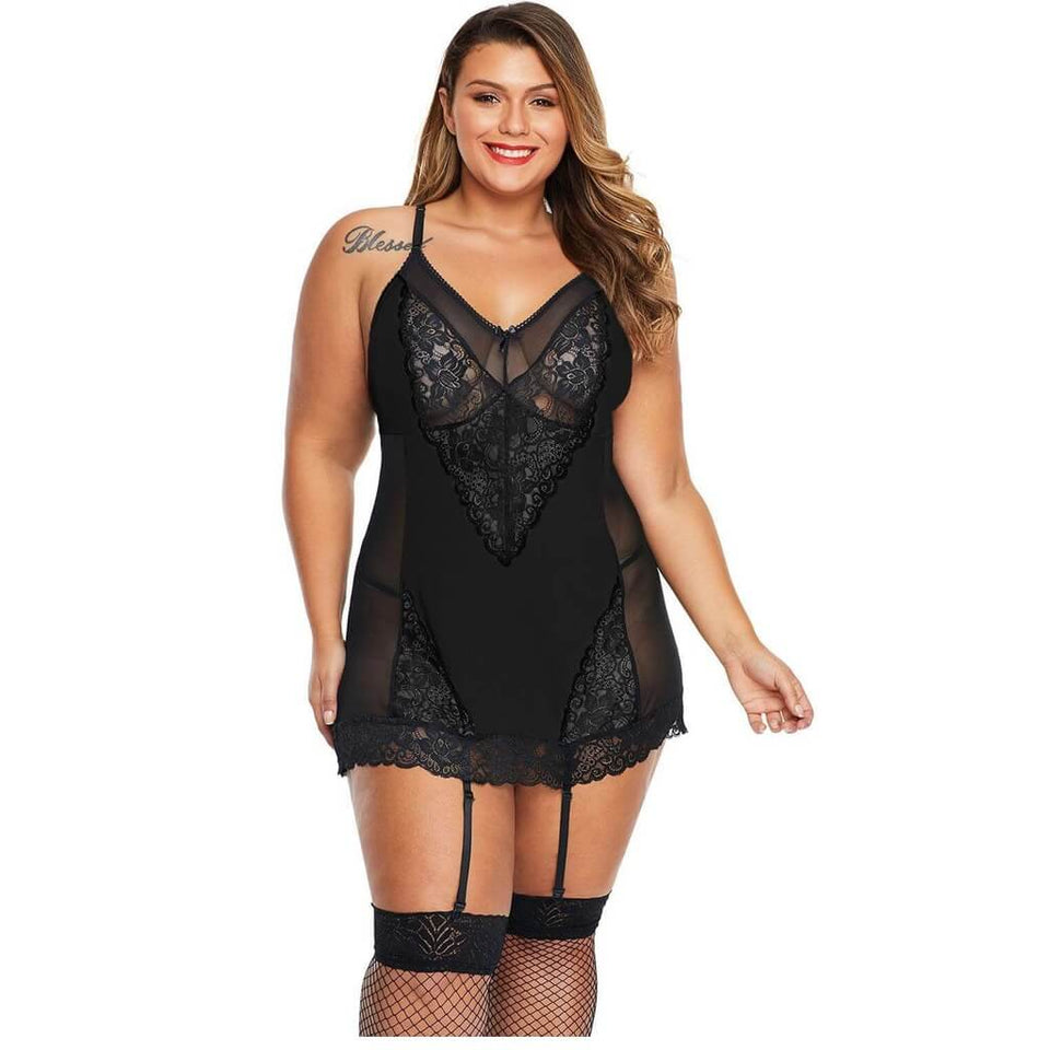 Cherise Black Lace Plus Size Chemise with Garter NZ