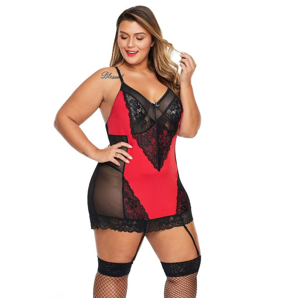 Cherise Red Lace Plus Size Chemise with Garter NZ 3