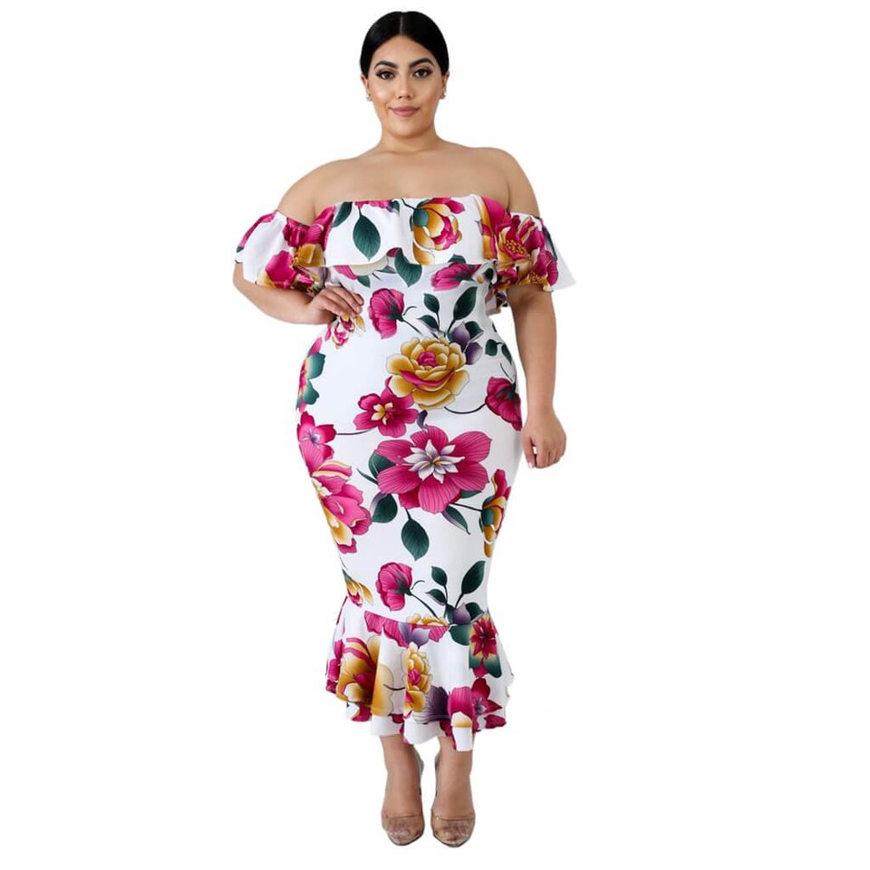 White Off-the-shoulder Floral Mermaid Plus Size Dress