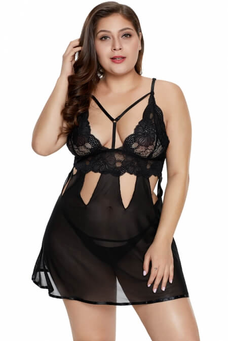 Plus Size Eye-catching Black Babydoll Set