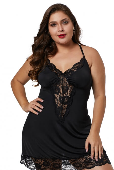 Black Venecia Chemise with Lace Trim